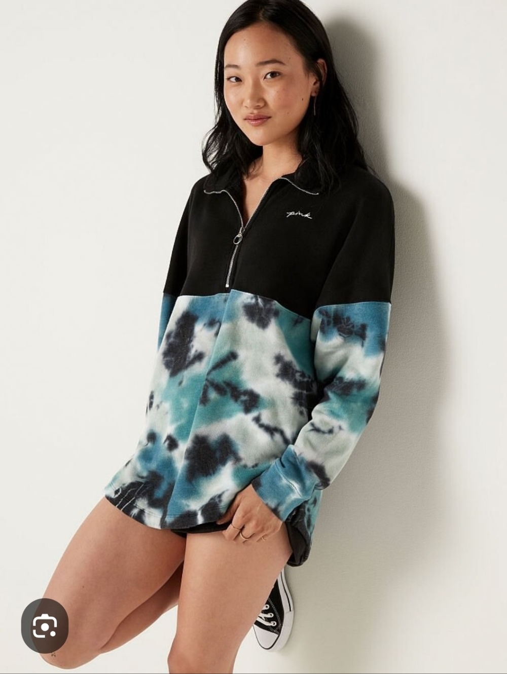 PINK Victoria's Secret Black Quarter Zip Embroidered Sweater